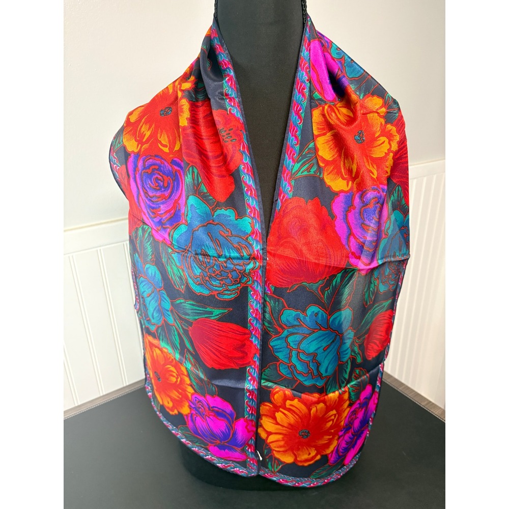 Liz Claiborne Vintage Floral Scarf Navy Blue Red Purple Rectangular 52x10 - Picture 1 of 5